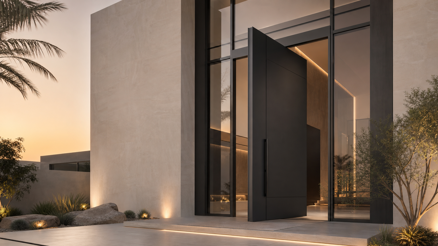 Custom black aluminium pivot entrance door at a luxury Dubai villa